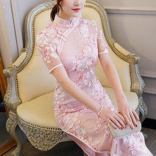 Lace Floral Short-sleeve Cheongsam