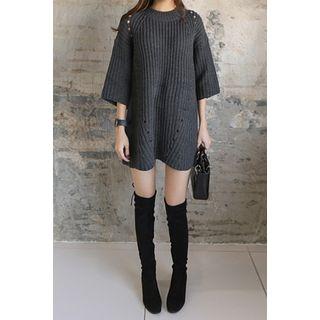 3/4-sleeve Perforated-detail Knit Minidress