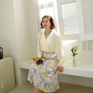 Scallop-collar Pintuck Chiffon Shirt