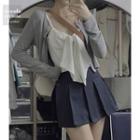 Plain Cardigan / Bow Accent Camisole Top / Mini Pleated Skirt