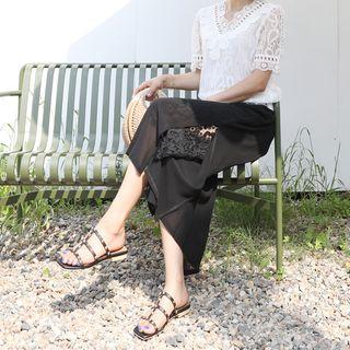 Band-waist Lace-trim Slit-side Pants Black - One Size