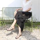 Band-waist Lace-trim Slit-side Pants Black - One Size