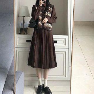 Set: Long-sleeve Plain Midi Dress + Argyle Button-up Sweater Vest