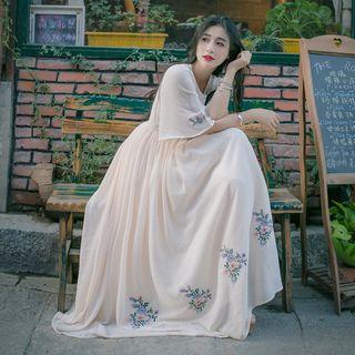 Flower Embroidered Elbow Sleeve Maxi Chiffon Dress