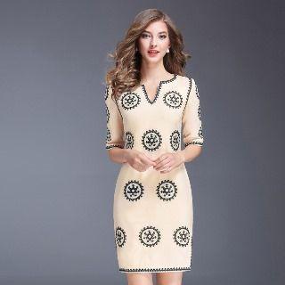 Notched Collar Embroidery Sheath Dress