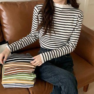 Semi High-neck Striped Long-sleeve Top