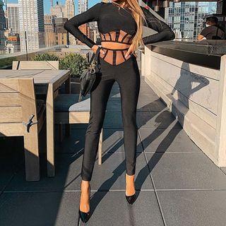 Set: Long Sleeve Mesh Panel Cutout Top + Mesh Panel Cutout Pants