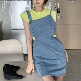 Cut-out Denim Mini Overall Dress / Plain Tank Top