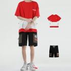 Set: Color Panel Elbow-sleeve T-shirt + Lettering Shorts