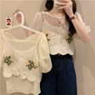 Short-sleeve Plain Blouse / Flower Embroidered Cropped Camisole Top