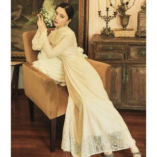 Long-sleeve Mock Neck Maxi A-line Lace Dress