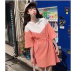Elbow-sleeve Hooded Color Block A-line Mini T-shirt Dress