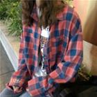 Lettering Plaid Long-sleeve Loose-fit Shirt As Figure - One Size