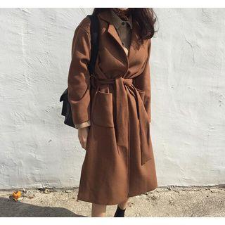 Belted Woolen Coat Coffee - One Size
