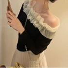 Long-sleeve Frill Trim Top Black - One Size