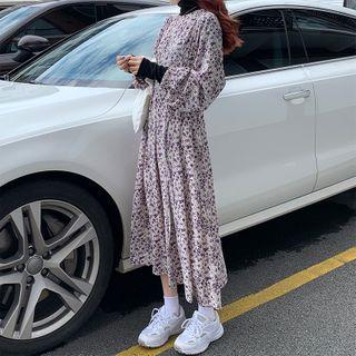 Long-sleeve Pleated Floral Print A-line Midi Dress As Shown In Figure - One Size