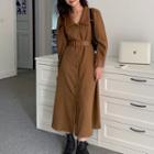 Puff-sleeve Faux Leather Collar A-line Dress