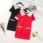 Elbow-sleeve Wide Collar Contrast Trim Knit Dress