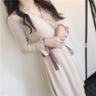 Color-block Frilled Long-sleeve Slim-fit Dress Almond - One Size