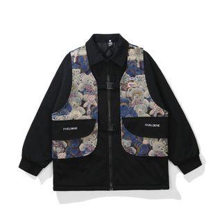 Mock Two-piece Bear Print Panel Jacket