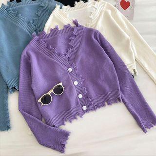 Plain V-neck Frayed Long-sleeve Knit Cardigan