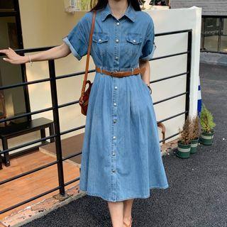 Set: Short-sleeve Denim Midi A-line Dress + Belt