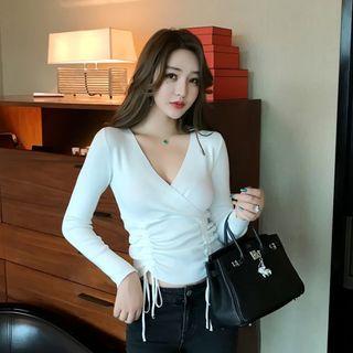 Long-sleeve V-neck Knit Drawstring Top