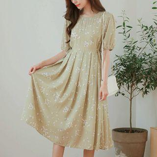 Button-back Long Floral Dress