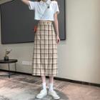 Slit Plaid A-line Midi Skirt