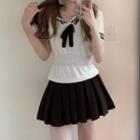 Short-sleeve Sailor Collar Top / Mini A-line Pleated Skirt