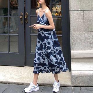 V-neck Print Sleeveless Dress Blue - One Size