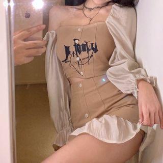 Long-sleeve Off-shoulder Lettering Crop Top / Mini Pencil Skirt