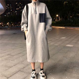 Puff-sleeve Zip Placket Midi Shift Dress