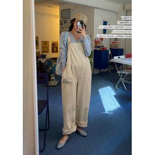 Baggy-fit Cotton Overall Pants Beige - One Size