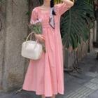 Short-sleeve Shirred Midi A-line Dress Pink - One Size