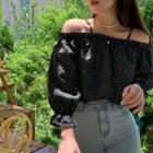 Puff-sleeve Off-shoulder Dotted Blouse Black - One Size