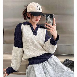 Long-sleeve Two-tone Polo Sweater Blue - One Size