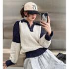 Long-sleeve Two-tone Polo Sweater Blue - One Size