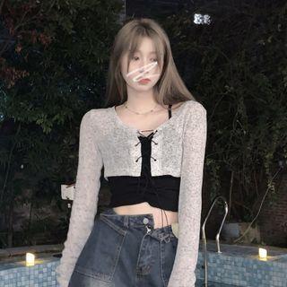 Set: Shirred Crop Camisole Top + Lace-up Crop Cardigan Set Of 2 - Camisole Top & Cardigan - Black & Gray - One Size