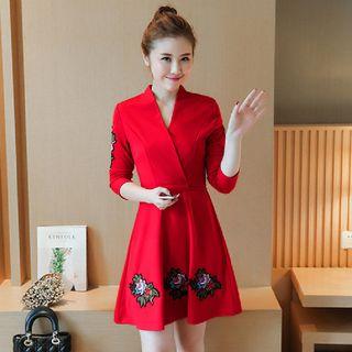Flower Embroidered Long Sleeve V-neck Dress