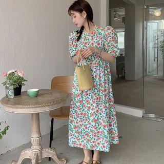 Puff-sleeve Floral Print Midi A-line Dress Floral Print - Red & Green - One Size