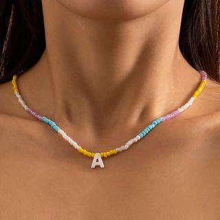 Letter Pendant Beaded Necklace White & Blue & Purple - One Size