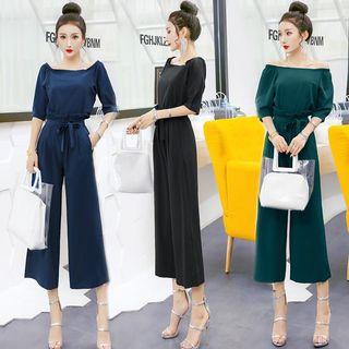 Set: Off-shoulder Short-sleeve Top + Wide-leg Pants