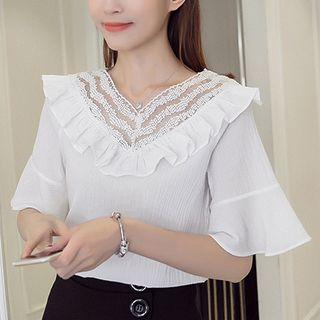 Lace Trim Flounced Elbow-sleeve Chiffon Top