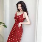 Spaghetti-strap Polka Dot Split-hem Dress As Shown In Figure - One Size