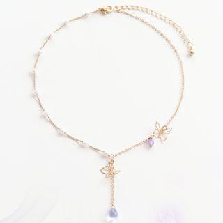 Alloy Butterfly Faux Crystal Pendant Choker Purple & Gold - One Size