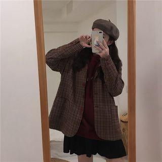 Plain Hoodie / Plaid Button Blazer
