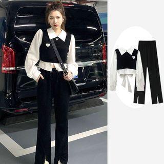 Mock Two-piece Cropped Blouse / Slit Wide-leg Pants / Set