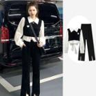 Mock Two-piece Cropped Blouse / Slit Wide-leg Pants / Set