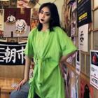 Elbow-sleeve Tie-front Long Top